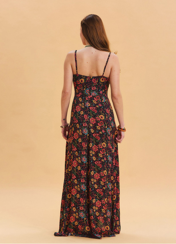 Thin Strap Waist Tie Black Floral Dress 4549